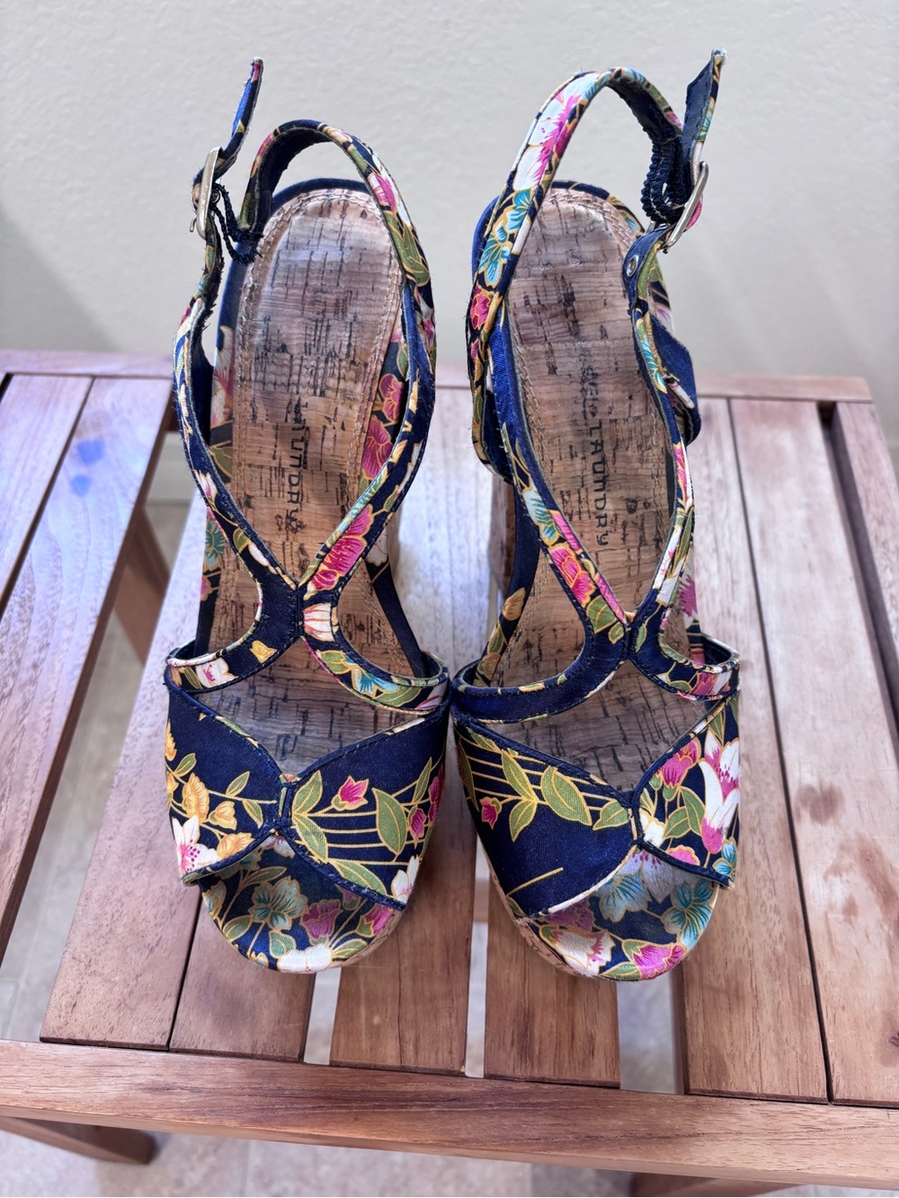 Chinese Laundry Navy Floral Cork Platform Heels - Picture 2 of 7